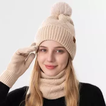 Женский зимний вязаный комплект из шапки, шарфа и перчаток — двухслойная защита от холода.