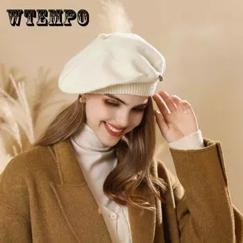 Женский зимний вязаный шерстяной берет - теплая уличная рождественская шапка с легким эластичным материалом и стильным металлическим акцентом One Size бежевый