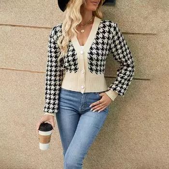 Женский зимний вязаный свитер свободного кроя в клетку «Тысяча птиц» для женщин L чёрный