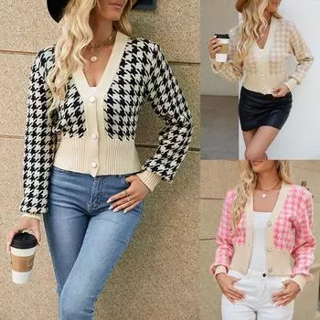 Женский зимний вязаный свитер свободного кроя в клетку «Тысяча птиц» для женщин L чёрный