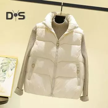 Женский зимний жилет на молнии, пальто, утолщенный, с воротником-стойкой, защитой шеи, без рукавов, с карманами на молнии, однотонный, сохраняющий тепло жилет M бежевый