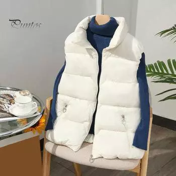 Женский зимний жилет на молнии, пальто, утолщенный, с воротником-стойкой, защитой шеи, без рукавов, с карманами на молнии, однотонный, сохраняющий тепло жилет M чёрный