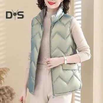 Женский зимний жилет, пальто больших размеров, воротник-стойка, однотонный, застежка-молния, без рукавов, утепленный, средней длины, ветрозащитный, теплый женский жилет 2XL зелёный