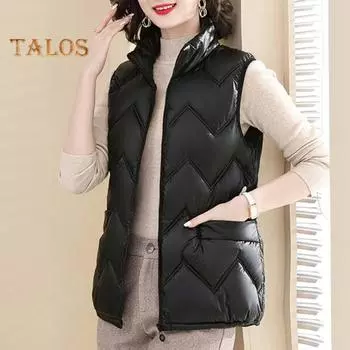Женский зимний жилет, пальто больших размеров, воротник-стойка, однотонный, застежка-молния, без рукавов, утепленный, средней длины, ветрозащитный, теплый женский жилет 2XL чёрный