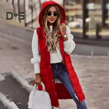 Женский зимний жилет, пальто с капюшоном, однотонный, на молнии, без рукавов, с подкладкой, толстый, средней длины, ветрозащитный, теплый, женский жилет S чёрный