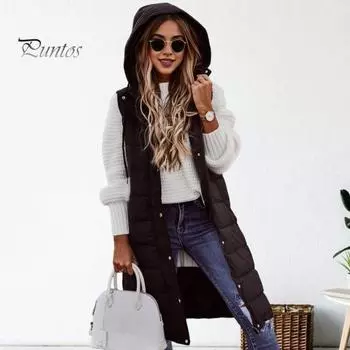 Женский зимний жилет, пальто с капюшоном, однотонный, на молнии, без рукавов, с подкладкой, толстый, средней длины, ветрозащитный, теплый, женский жилет M хаки