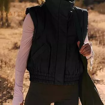 Женский зимний жилет, пальто с карманами, эластичный подол, воротник-стойка, утепленный жилет, однобортная однотонная короткая куртка для повседневной носки на открытом воздухе S чёрный