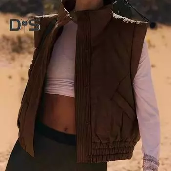 Женский зимний жилет, пальто с карманами, эластичный подол, воротник-стойка, утепленный жилет, однобортная однотонная короткая куртка для повседневной носки на открытом воздухе S чёрный