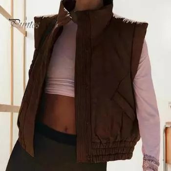 Женский зимний жилет, пальто с карманами, эластичный подол, воротник-стойка, утепленный жилет, однобортная однотонная короткая куртка для повседневной носки на открытом воздухе S чёрный