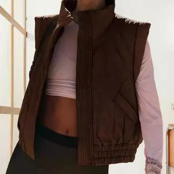 Женский зимний жилет, пальто с карманами, эластичный подол, воротник-стойка, утепленный жилет, однобортная однотонная короткая куртка для повседневной носки S чёрный