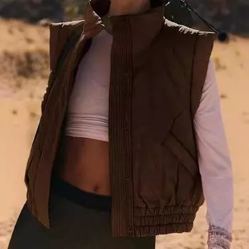 Женский зимний жилет, пальто с карманами, эластичный подол, воротник-стойка, утепленный жилет, однобортная однотонная короткая куртка для повседневной носки на открытом воздухе S чёрный