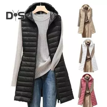 Женский зимний жилет, пальто с мягким капюшоном, средней длины, толстый теплый однотонный жилет на молнии без рукавов, мягкий легкий женский зимний жилет L розовый