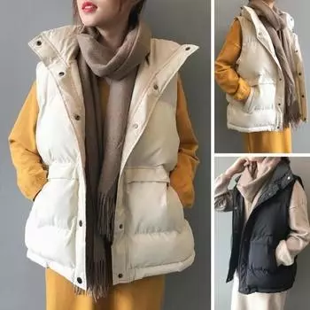 Женский зимний жилет, пальто с воротником-стойкой, однотонный, застежка на пуговицы, без рукавов S чёрный