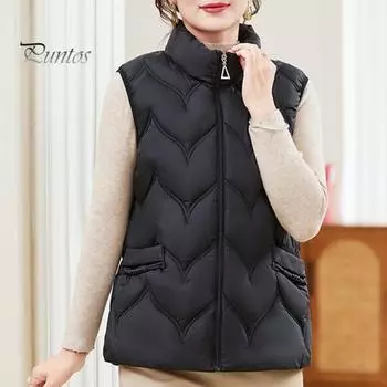 Женский зимний жилет, пальто с воротником-стойкой, защита шеи, большие размеры, верхняя одежда, однотонная, на молнии, без рукавов, с подкладкой, толстая, ветрозащитная, теплая, для женщин XXXL чёрный