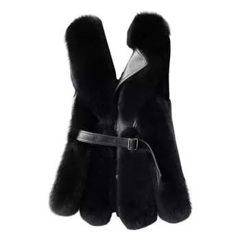 Женский зимний жилет, пальто, толстый пушистый искусственный мех, уютный сплошной цвет, без рукавов, на пуговицах, декор пояса, сплошной цвет, ветрозащитный, искусственная кожа, лоскутное шитье M бежевый