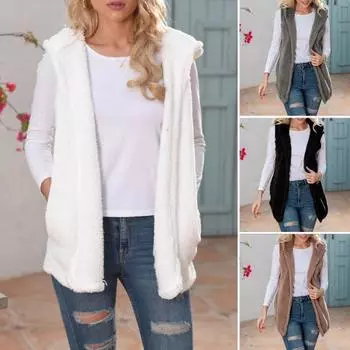 Женский зимний жилет с капюшоном, кардиган средней длины, жилет из искусственного меха, однотонное толстое теплое пальто без рукавов для повседневной носки на открытом воздухе 2XL белый