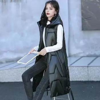 Женский зимний жилет с капюшоном, толстый, без рукавов, с глянцевой поверхностью, с карманами, застежкой-молнией, пальто средней длины для активного отдыха L чёрный