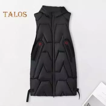 Женский зимний жилет с капюшоном, толстый, без рукавов, с глянцевой поверхностью, с карманами, застежкой-молнией, пальто средней длины для активного отдыха L шампанского