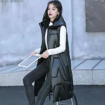 Женский зимний жилет с капюшоном, толстый, без рукавов, с глянцевой поверхностью, с карманами, застежкой-молнией, пальто средней длины для активного отдыха L чёрный