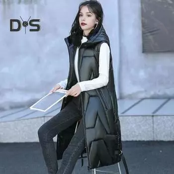 Женский зимний жилет с капюшоном, толстый, без рукавов, с глянцевой поверхностью, с карманами, застежкой-молнией, пальто средней длины для активного отдыха L чёрный