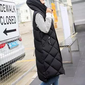 Женский зимний жилет с мягкой застежкой-молнией и без рукавов с капюшоном, однотонный, сохраняющий тепло, толстый зимний пуховик средней длины для повседневной носки M коричневый