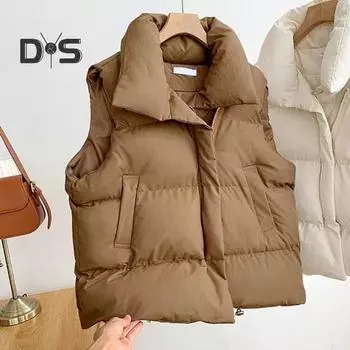 Женский зимний жилет, утолщенный мягкий жилет без рукавов, ветрозащитный, удерживающий тепло, защита шеи, карманы, свободный кардиган, уличный жилет L бежевый