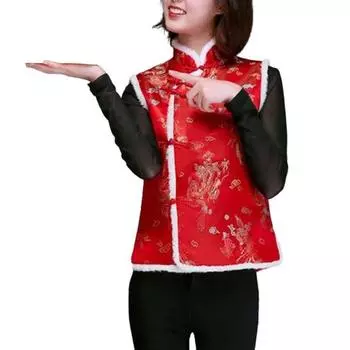 Женский зимний жилет в китайском новогоднем стиле с воротником-стойкой и защитой шеи без рукавов, однобортный с принтом, утолщенный, праздничный, теплый, весенний фестиваль M B
