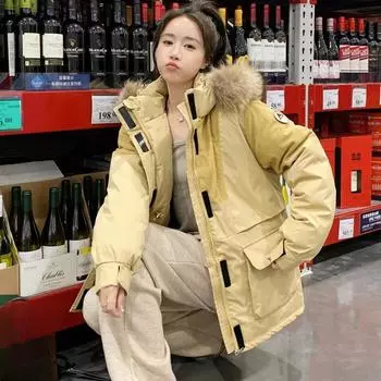Женское 2023 новое зимнее утолщенное свободное пальто с большим шерстяным воротником и комбинезон S