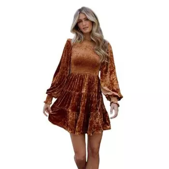 Женское эластичное бархатное платье с длинными рукавами и оборками, круглой горловиной, короткие платья S бордовый