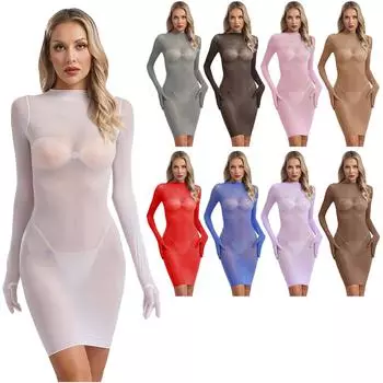 Женское эластичное ночное белье, нижнее белье с длинным рукавом, прозрачное облегающее платье-карандаш, блестящее прозрачное микро-мини-платье, клубная одежда One Size