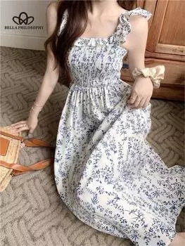 Женское эластичное платье миди с цветочным принтом, винтажное элегантное пляжное платье с квадратным воротником и открытой спиной, корейское летнее праздничное платье 40-65KG синий