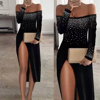 Женское эластичное тонкое облегающее платье с длинными рукавами и открытыми плечами, раздвоенное платье XL чёрный