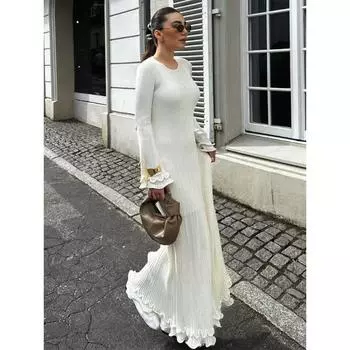 Женское элегантное белое трикотажное длинное платье с оборками и круглым вырезом, расклешенное платье с длинными рукавами и открытой спиной, новые вечерние платья для вечеринок XS белый