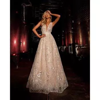 Женское элегантное блестящее свадебное платье макси с v-образным вырезом без рукавов, длинное платье для невесты, вечерние платья для невесты S бежевый