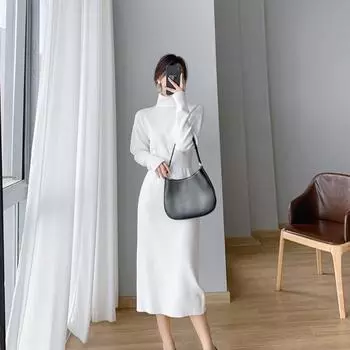 Женское элегантное черное трикотажное платье с высоким воротом и длинными рукавами, белое облегающее платье-свитер с высокой талией, простые S чёрный