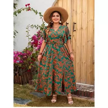 женское элегантное длинное платье, летнее платье с v-образным вырезом и завязкой на спине, платье макси с короткими рукавами и высокой талией, повседневное дышащее платье с разрезом по подолу для отпуска, свободное свободное платье плюс платье