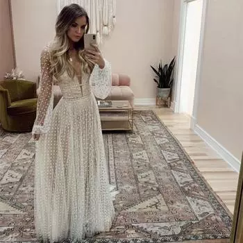 Женское элегантное длинное платье макси с глубоким v-образным вырезом в горошек и длинными рукавами, свадебное платье подружки невесты, вечерние платья S бежевый