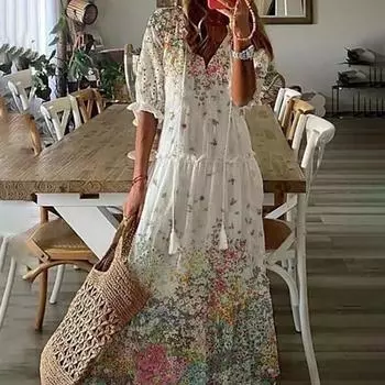 Женское элегантное длинное платье с принтом в стиле бохо, повседневное свободное платье макси с половиной рукавом и v-образным вырезом, женский праздничный пляжный сарафан Vestidos