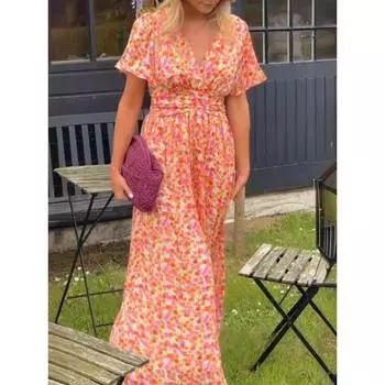 Женское элегантное длинное платье с V-образным вырезом и талией S оранжевый