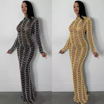 Женское элегантное длинное платье со стразами и длинными рукавами, прозрачное свадебное длинное платье макси, вечерние платья для невесты и подружек невесты S чёрный