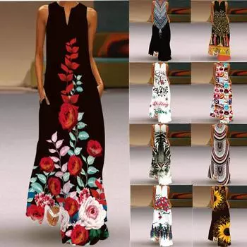 Женское элегантное длинное платье Женское повседневное платье макси без рукавов с v-образным вырезом и принтом Платье макси Женское пляжное платье S