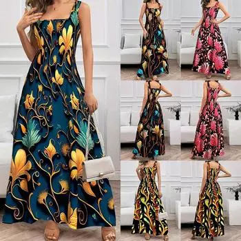 Женское элегантное длинное платье-жилет без рукавов с квадратным воротником и принтом 4XL синий