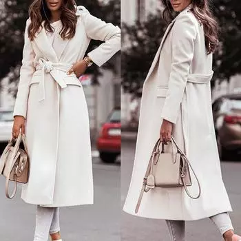 Женское элегантное длинное шерстяное пальто с поясом, однотонное шикарное пальто с длинными рукавами, женское пальто с заниженными плечами S бежевый