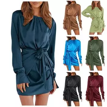 Женское элегантное коктейльное платье с круглым вырезом и эластичной кружевной талией, атласное платье с длинными рукавами