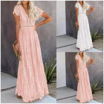 Женское элегантное кружевное длинное платье с v-образным вырезом и короткими рукавами для подружек невесты, великолепные вечерние бальные платья макси S розовый