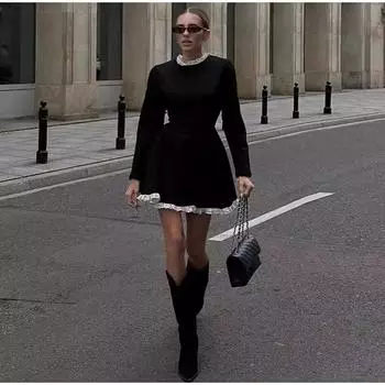 Женское элегантное кружевное мини-платье в стиле ретро, облегающие платья А-силуэта, платья в стиле пэчворк с высокой талией, вечерние платья для женщин, вечернее платье S чёрный