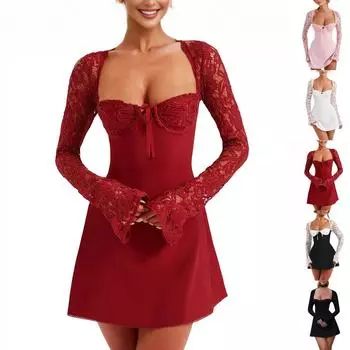 Женское элегантное кружевное платье с кружевным лоскутным узором, платье с длинным рукавом и глубоким вырезом, платье для выхода с открытой спиной L бежевый