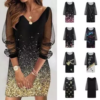 Женское элегантное мини-платье с блестками в сетку с v-образным вырезом, сексуальное вечернее платье, весна-лето, модные платья с длинными рукавами, Vestidos S золотой