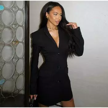 Женское элегантное мини-платье с V-образным вырезом и карманом, однобортное платье с длинным рукавом и высокой талией, модная женская праздничная одежда на весну и осень S чёрный