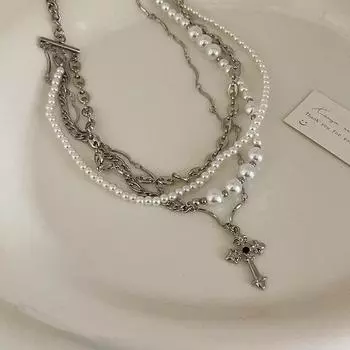 Женское элегантное многослойное жемчужное колье-чокер с крестом
